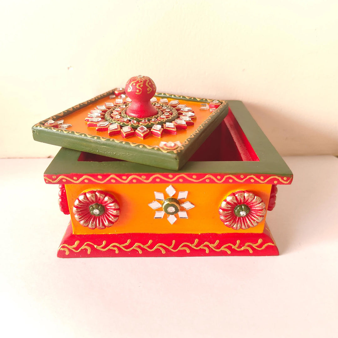Paper Mache Hand Painted Orange Decorative Gift Box With Lid For Festive Gifting