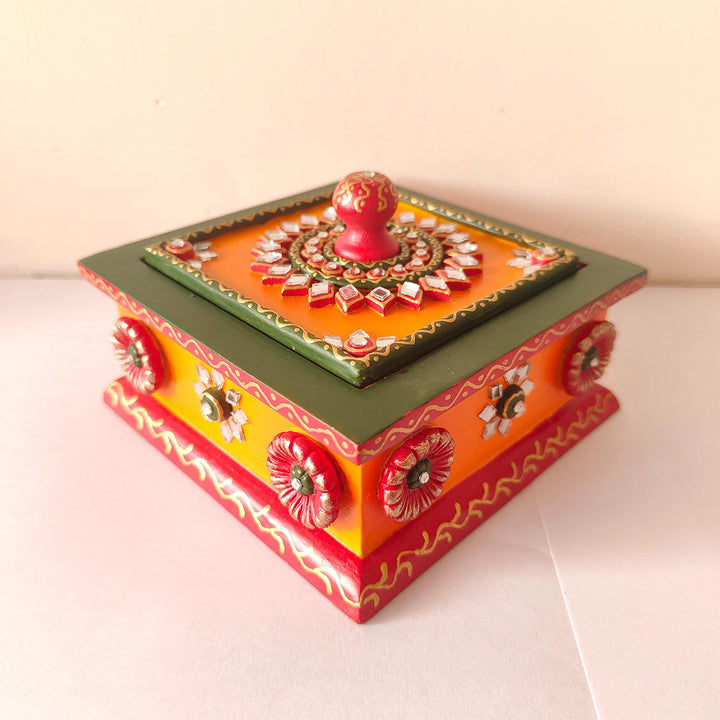 Paper Mache Hand Painted Orange Decorative Gift Box With Lid For Festive Gifting