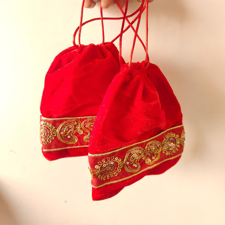 Set of 2 | Handmade Red Traditional Suede Potli For Festive Gifting