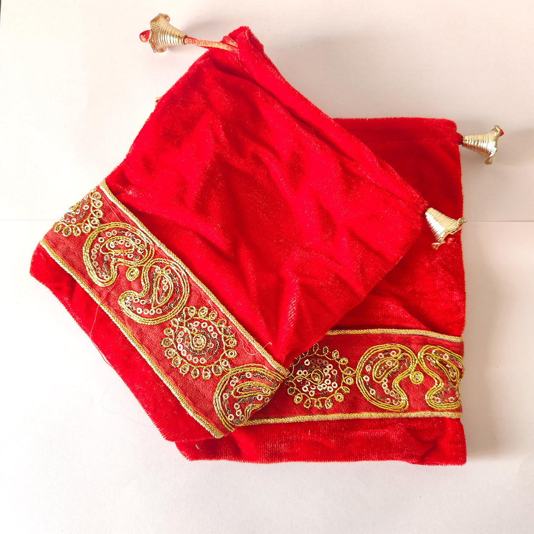 Set of 2 | Handmade Red Traditional Suede Potli For Festive Gifting