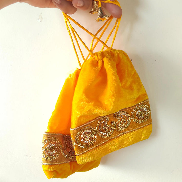 Set of 2 | Handmade Yellow Traditional Suede Potli For Festive Gifting