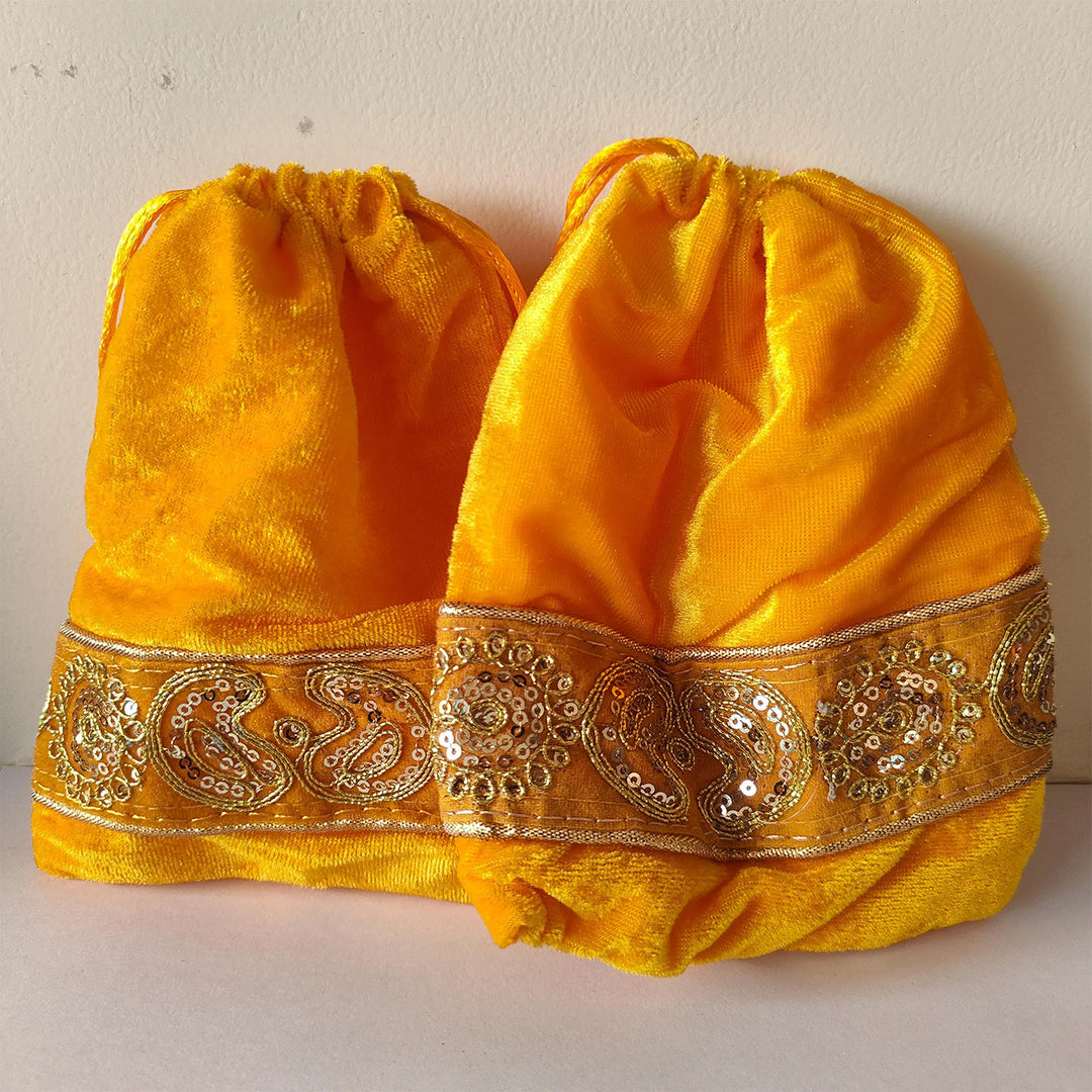 Set of 2 | Handmade Yellow Traditional Suede Potli For Festive Gifting