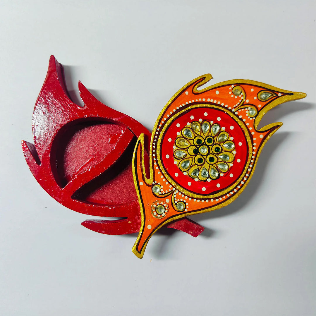 Meenakari Hand Painted Orange MDF Large Leaf Shaped Haldi Kumkum Holder With Rotating Lid For Puja & Festive Gifting