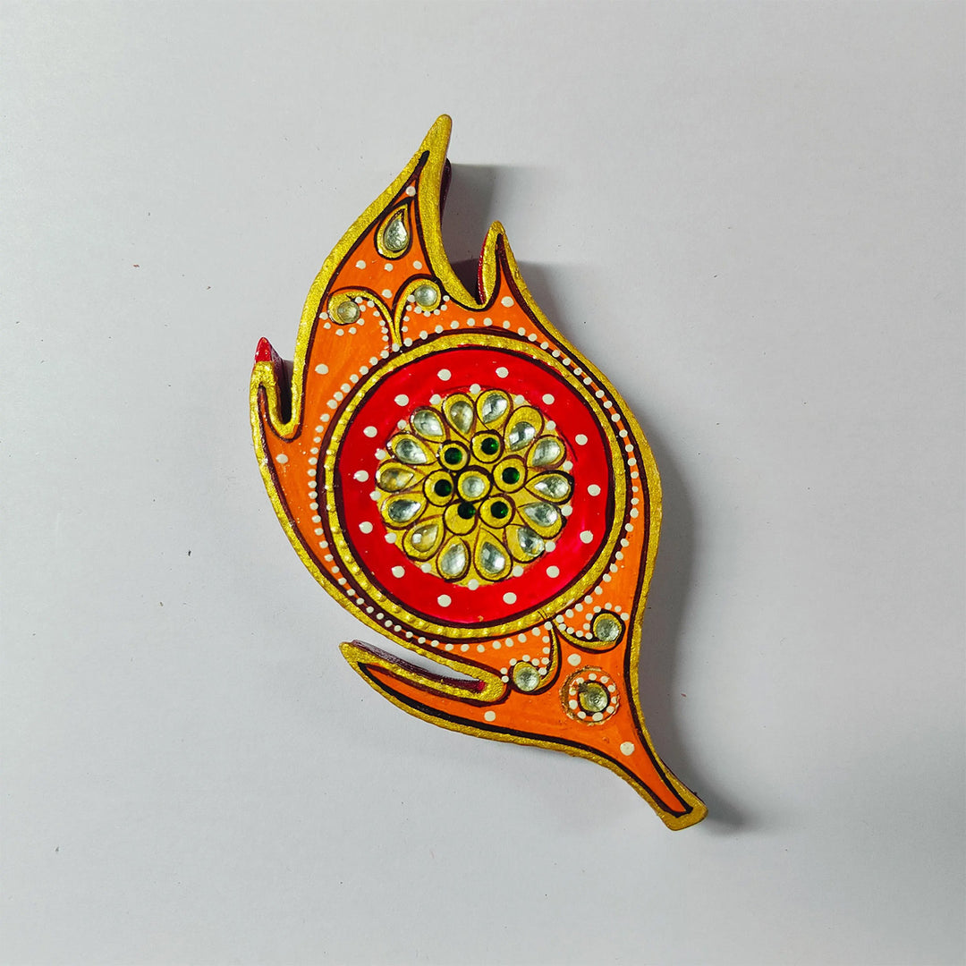 Meenakari Hand Painted Orange MDF Large Leaf Shaped Haldi Kumkum Holder With Rotating Lid For Puja & Festive Gifting