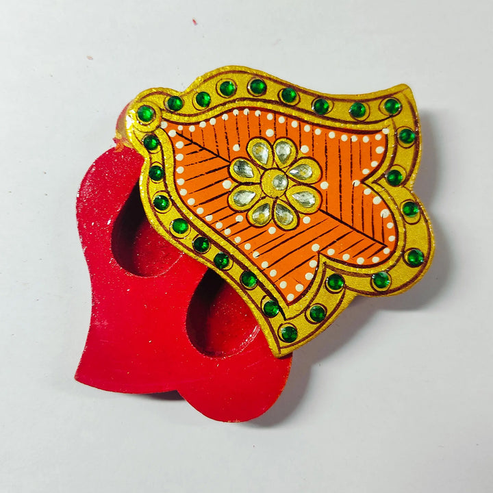 Meenakari Hand Painted Orange MDF Bell Shaped Haldi Kumkum Holder With Rotating Lid For Puja & Return Gifting