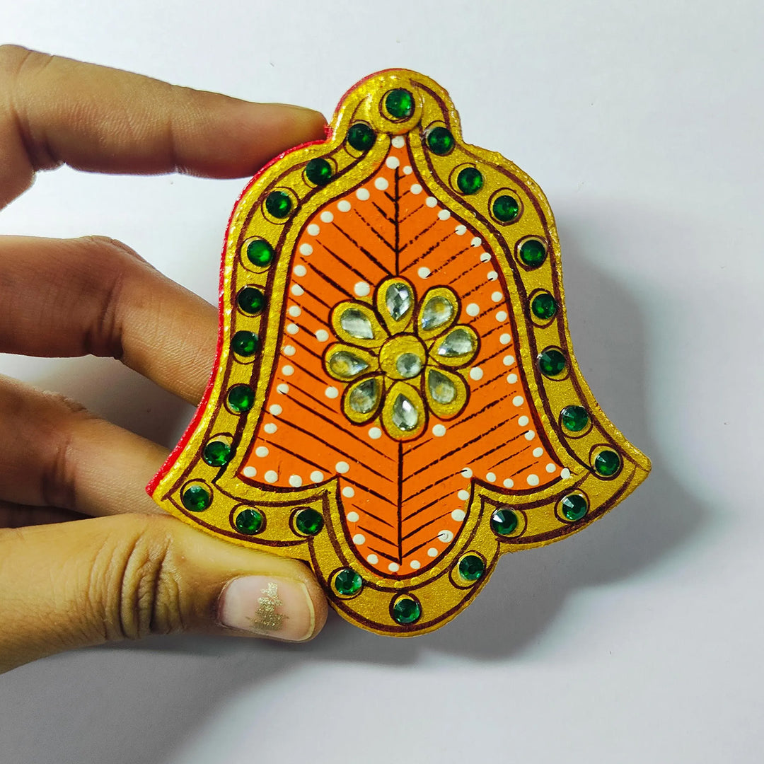 Meenakari Hand Painted Orange MDF Bell Shaped Haldi Kumkum Holder With Rotating Lid For Puja & Return Gifting