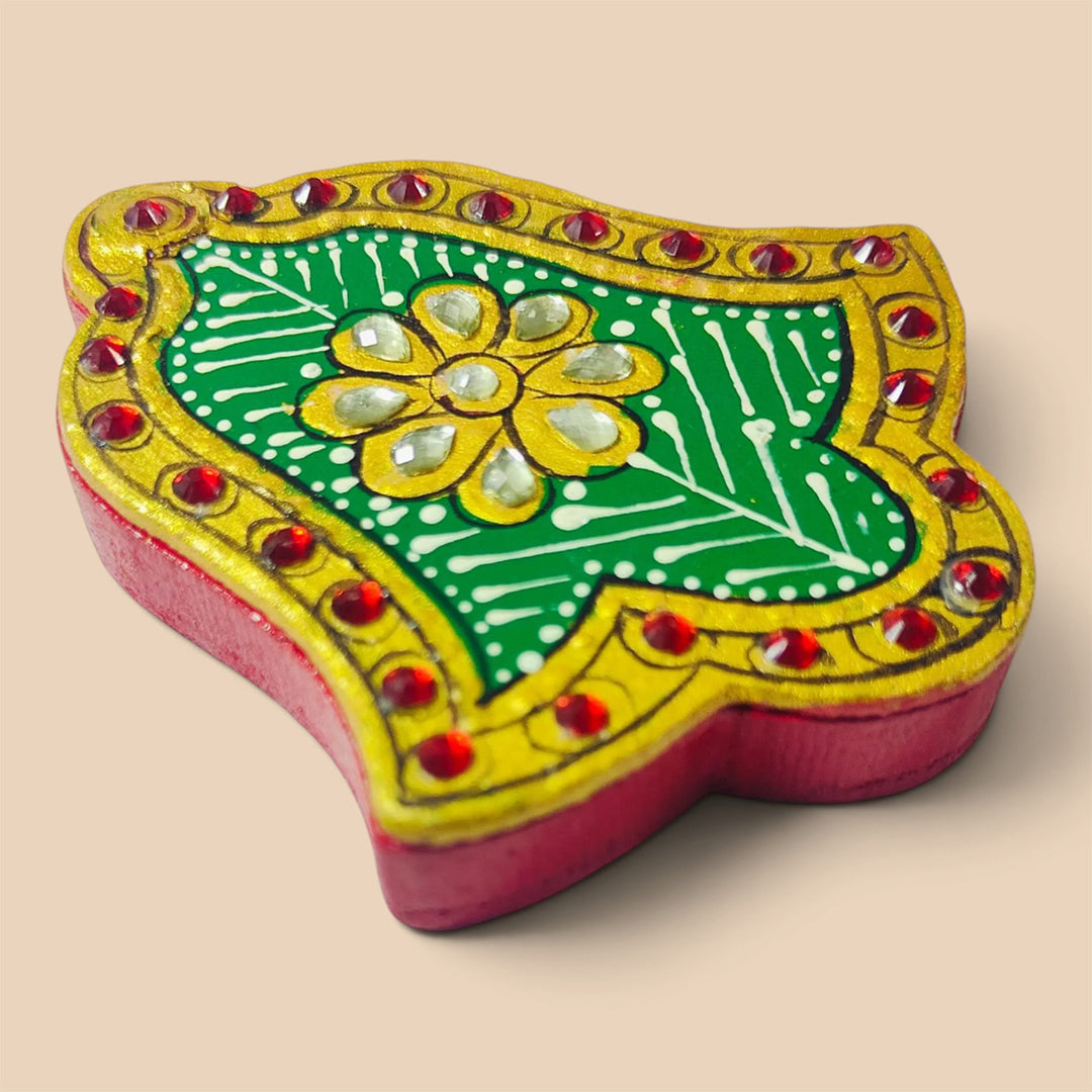 Meenakari "Asopalav" Hand Painted Green MDF Haldi Kumkum Holder With Rotating Lid For Puja & Return Gifting