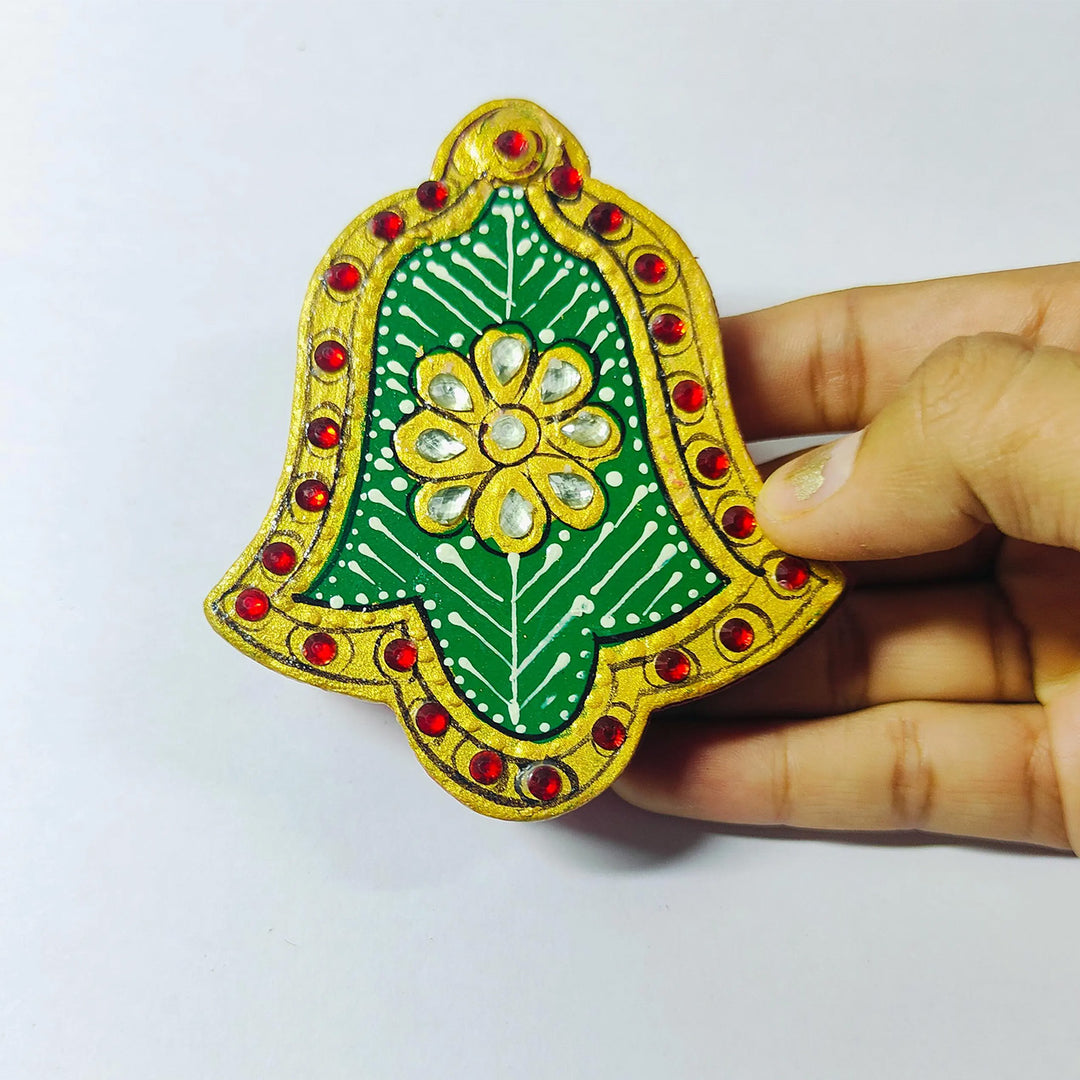 Meenakari "Asopalav" Hand Painted Green MDF Haldi Kumkum Holder With Rotating Lid For Puja & Return Gifting