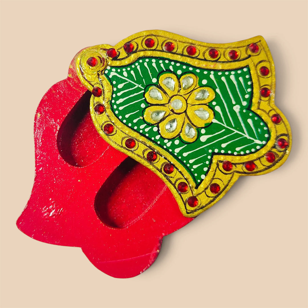 Meenakari "Asopalav" Hand Painted Green MDF Haldi Kumkum Holder With Rotating Lid For Puja & Return Gifting