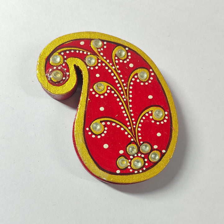 Meenakari Hand Painted Red MDF Paisley Shaped Haldi Kumkum Holder With Rotating Lid For Puja & Return Gifting
