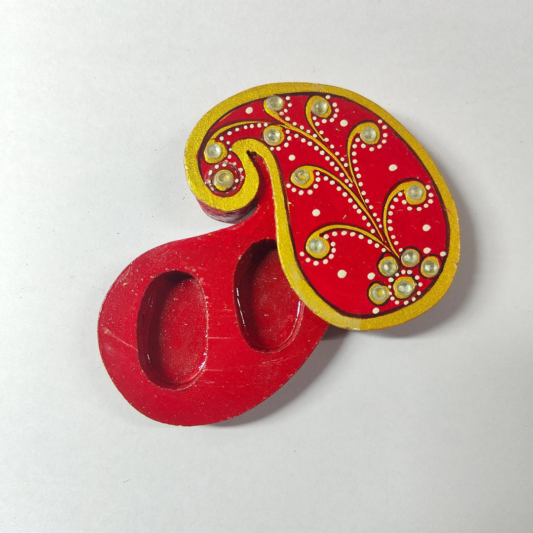 Meenakari Hand Painted Red MDF Paisley Shaped Haldi Kumkum Holder With Rotating Lid For Puja & Return Gifting