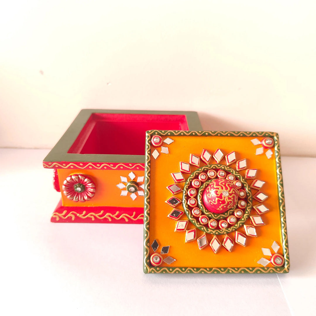 Paper Mache Hand Painted Orange Decorative Gift Box With Lid For Festive Gifting