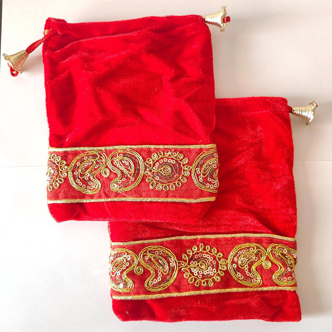 Set of 2 | Handmade Red Traditional Suede Potli For Festive Gifting