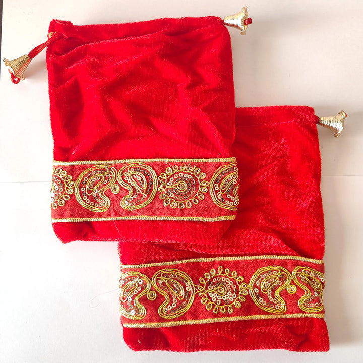 Set of 2 | Handmade Red Traditional Suede Potli For Festive Gifting