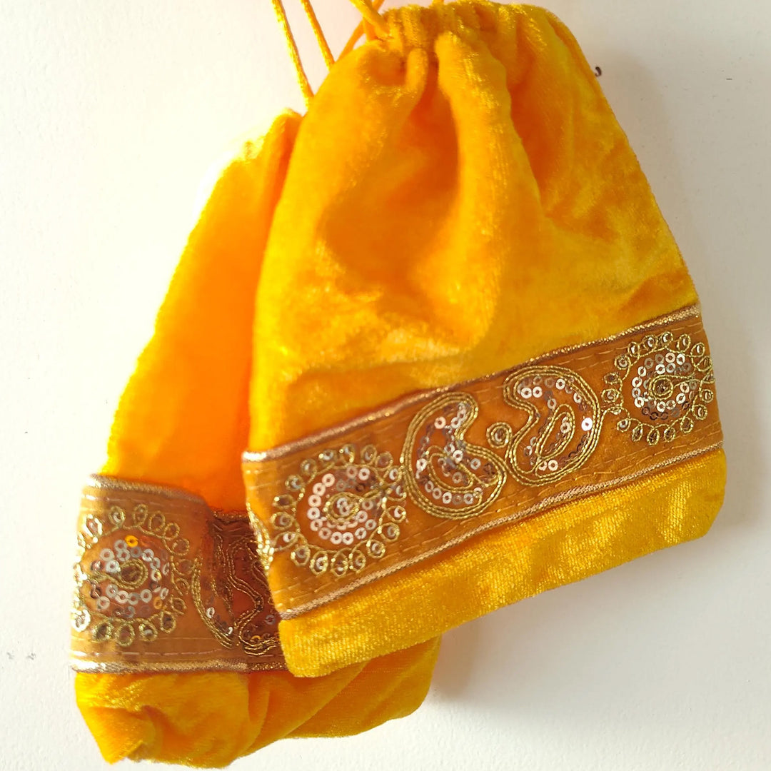 Set of 2 | Handmade Yellow Traditional Suede Potli For Festive Gifting