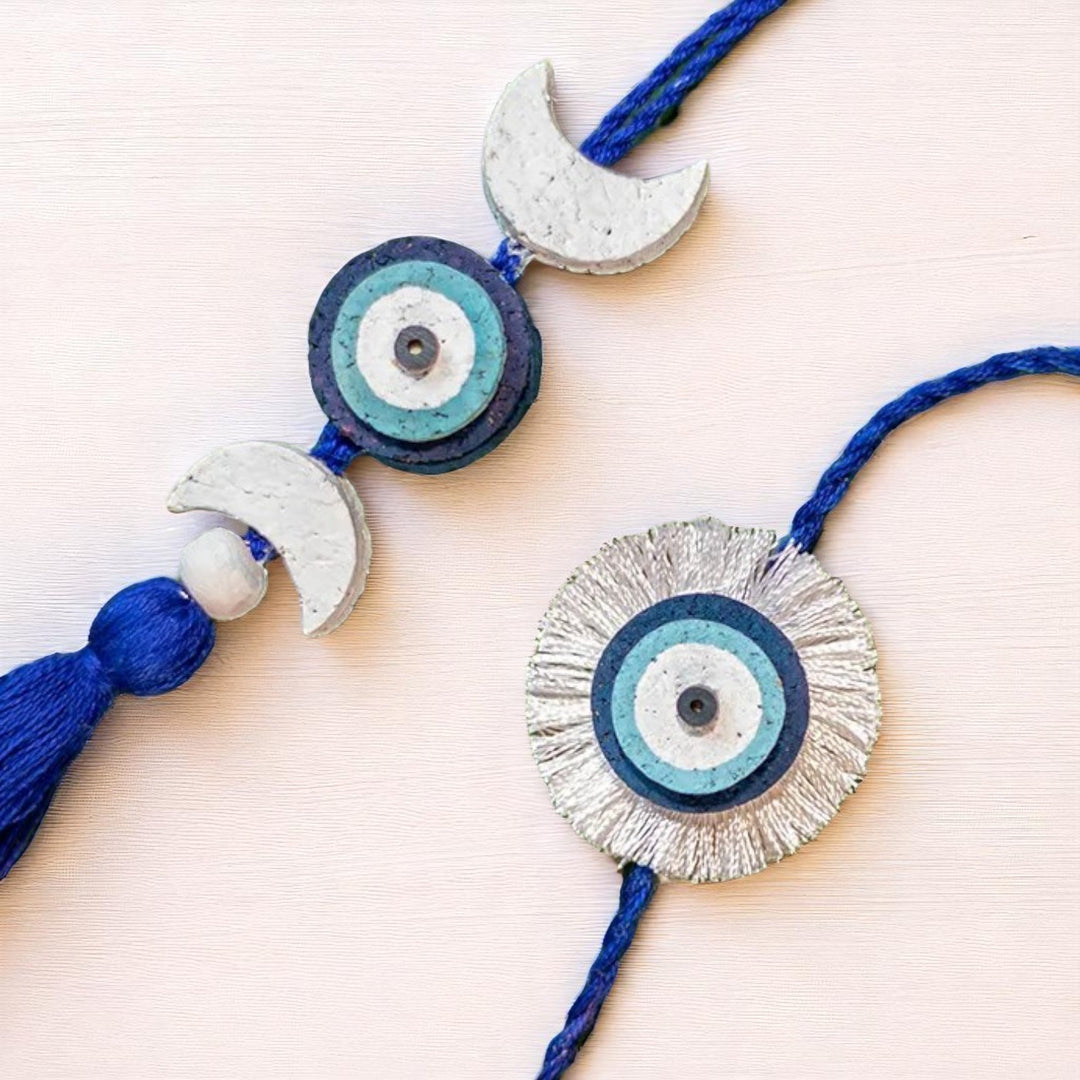 Nazarbattu Plantable Eco Friendly Handmade Cork Rakhi With Roli Chawal - Close-up of two Rakhis