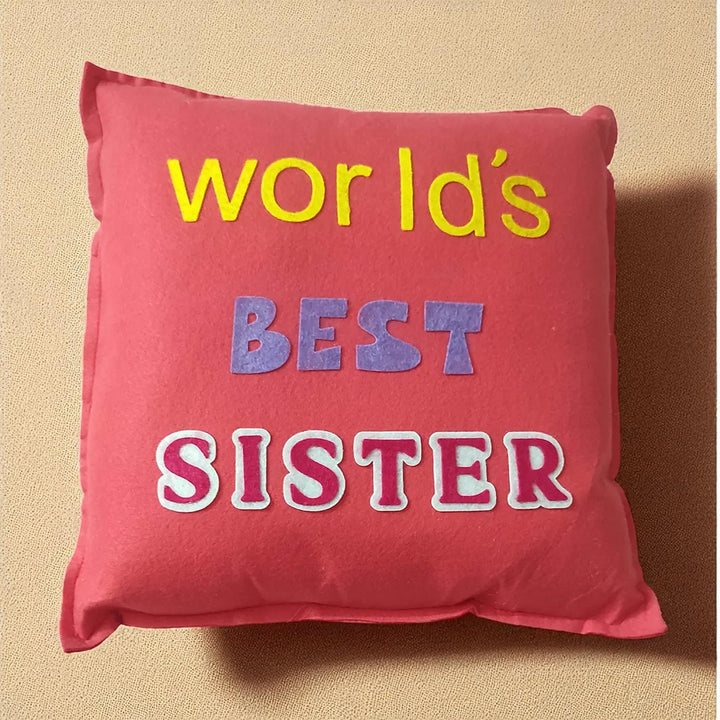 Handmade Worlds Best Sister Felt Rakhi Hamper With Roli Chawal Includes 1 Pillow 1 Rakhi - Front View with Diffused Lighting