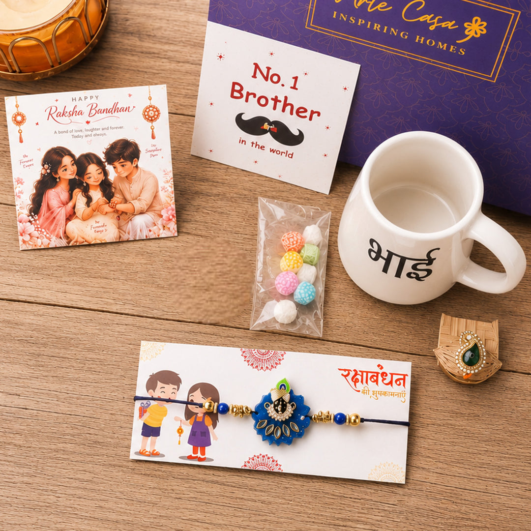 Krishna Rakhi Ceramic Mug Hamper With Bhai Mug & Roli Chawal For Brother