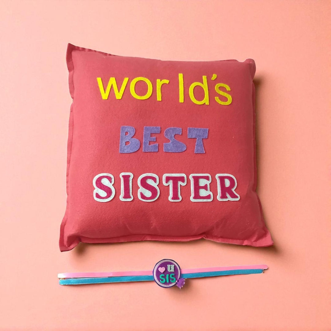 Handmade Worlds Best Sister Felt Rakhi Hamper With Roli Chawal Includes 1 Pillow 1 Rakhi - Front View with Bracelet
