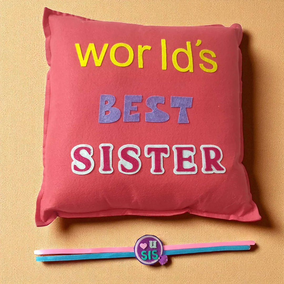 Handmade Worlds Best Sister Felt Rakhi Hamper With Roli Chawal Includes 1 Pillow 1 Rakhi - Front View Close-up