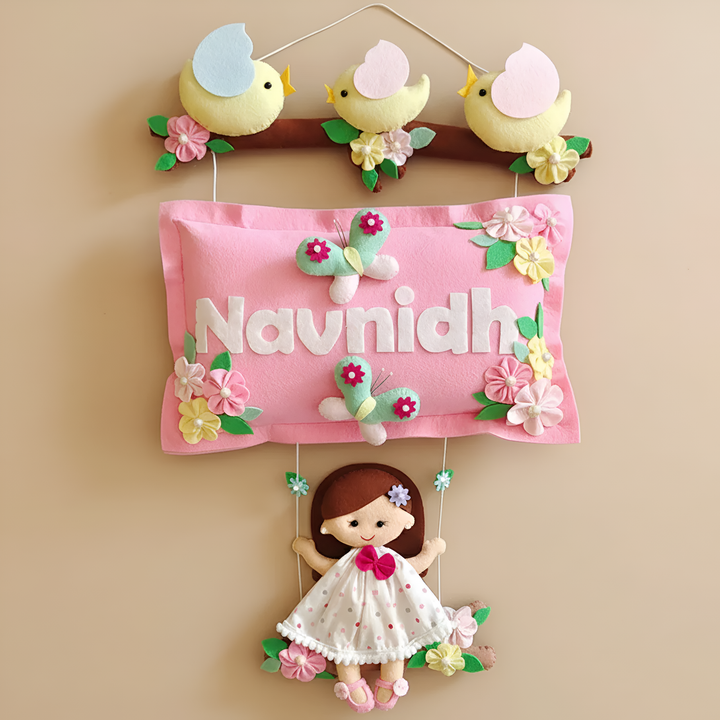 Hand-stitched Pillow & Bird Themed Felt Kids Nameplate with Swing