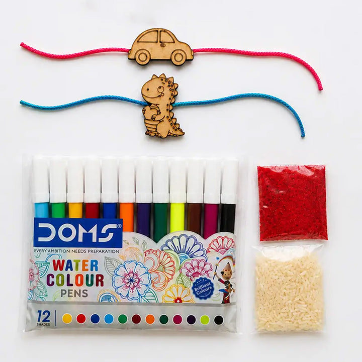 Paint-Your-Own Wooden Rakhi DIY Kit With Kumkum & Chawal | Set Of 2 | For Kids