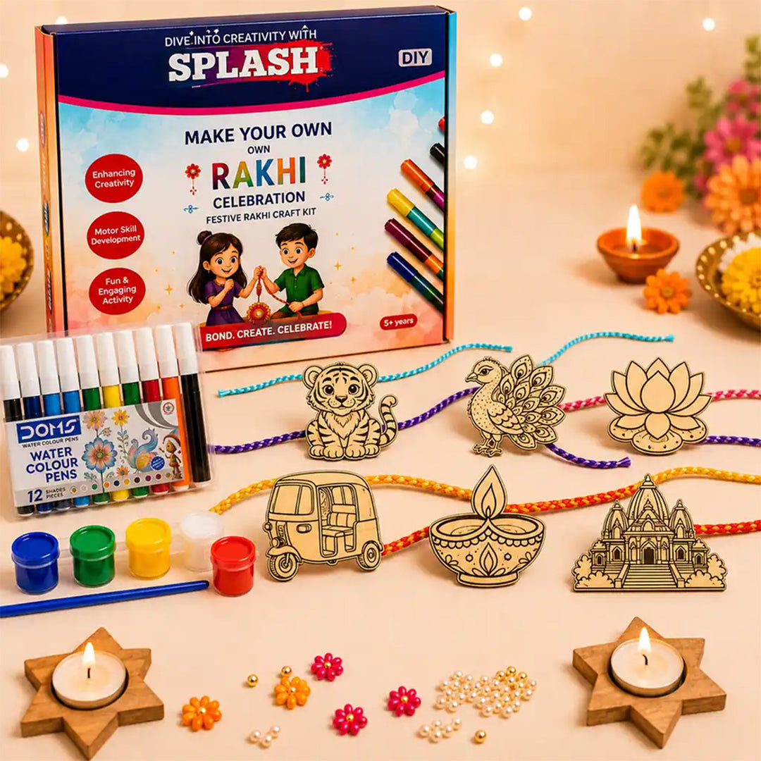 Paint-Your-Own Little India Theme Wooden Rakhi DIY Kit With Diyas Kumkum & Chawal | Set Of 6 | For Kids