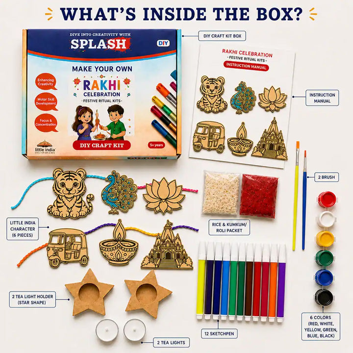 Paint-Your-Own Little India Theme Wooden Rakhi DIY Kit With Diyas Kumkum & Chawal | Set Of 6 | For Kids