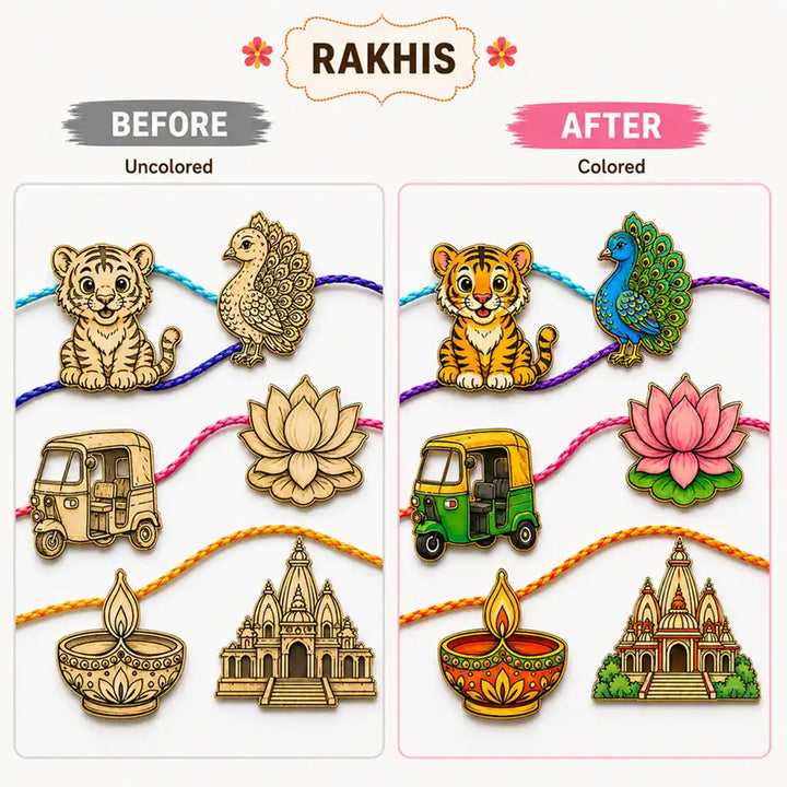 Paint-Your-Own Little India Theme Wooden Rakhi DIY Kit With Diyas Kumkum & Chawal | Set Of 6 | For Kids