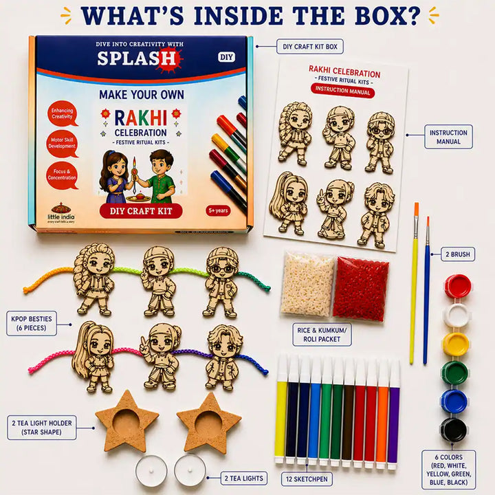 Paint-Your-Own K Pop Demon Hunter Besties Theme Wooden Rakhi DIY Kit With Diyas Kumkum & Chawal | Set Of 6 | For Kids