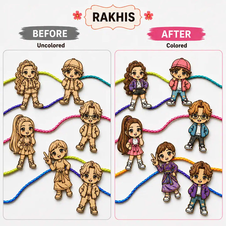Paint-Your-Own K Pop Demon Hunter Besties Theme Wooden Rakhi DIY Kit With Diyas Kumkum & Chawal | Set Of 6 | For Kids