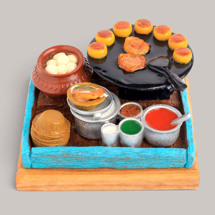 "Tikki Ka Thela" Handcrafted Polymer Clay Miniature Artwork With Wooden Base For Golu & Table Decor