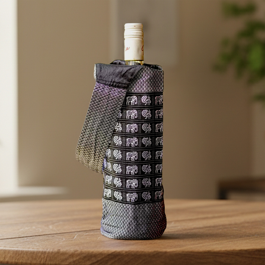 Handmade Grey Elephant & Peacock Motif Khunn Fabric Cotton Bottle Holder