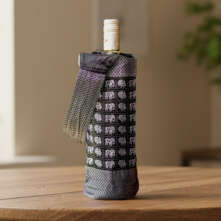 Handmade Grey Elephant & Peacock Motif Khunn Fabric Cotton Bottle Holder