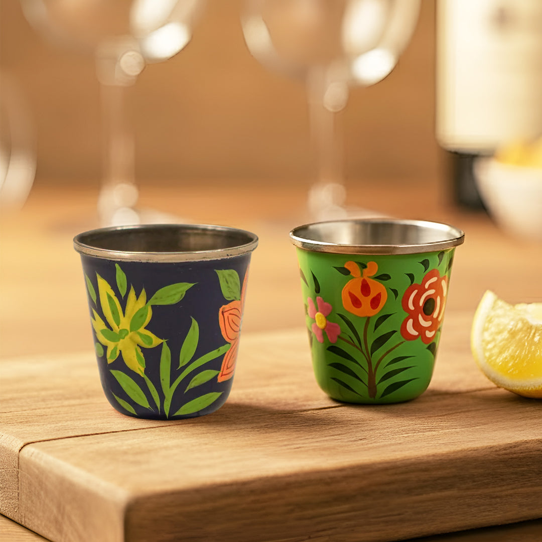 2Pc | Hand-Painted Green & Blue Floral Kashmiri Art Stainless Steel Shot Glasses