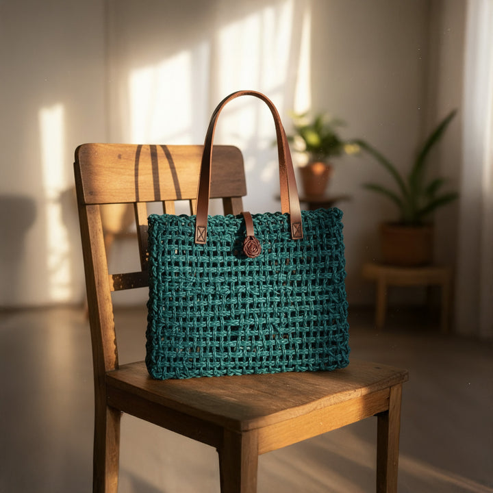 Handmade Grass Woven Leather Strap Box Shaped Indigo Sabai Mesh Tote Bag