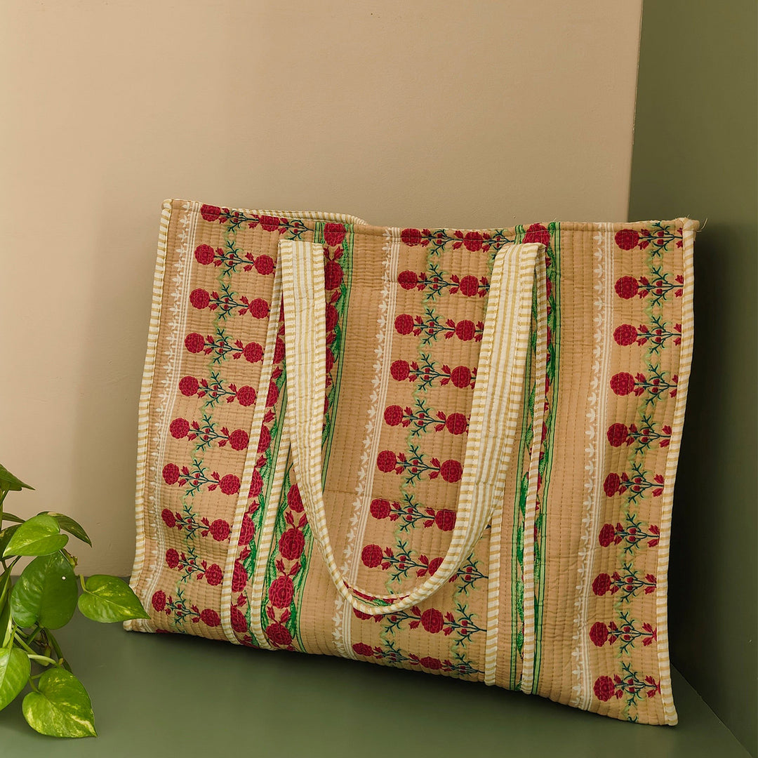 Handmade Beige Indie Floral Cotton Tote Bag