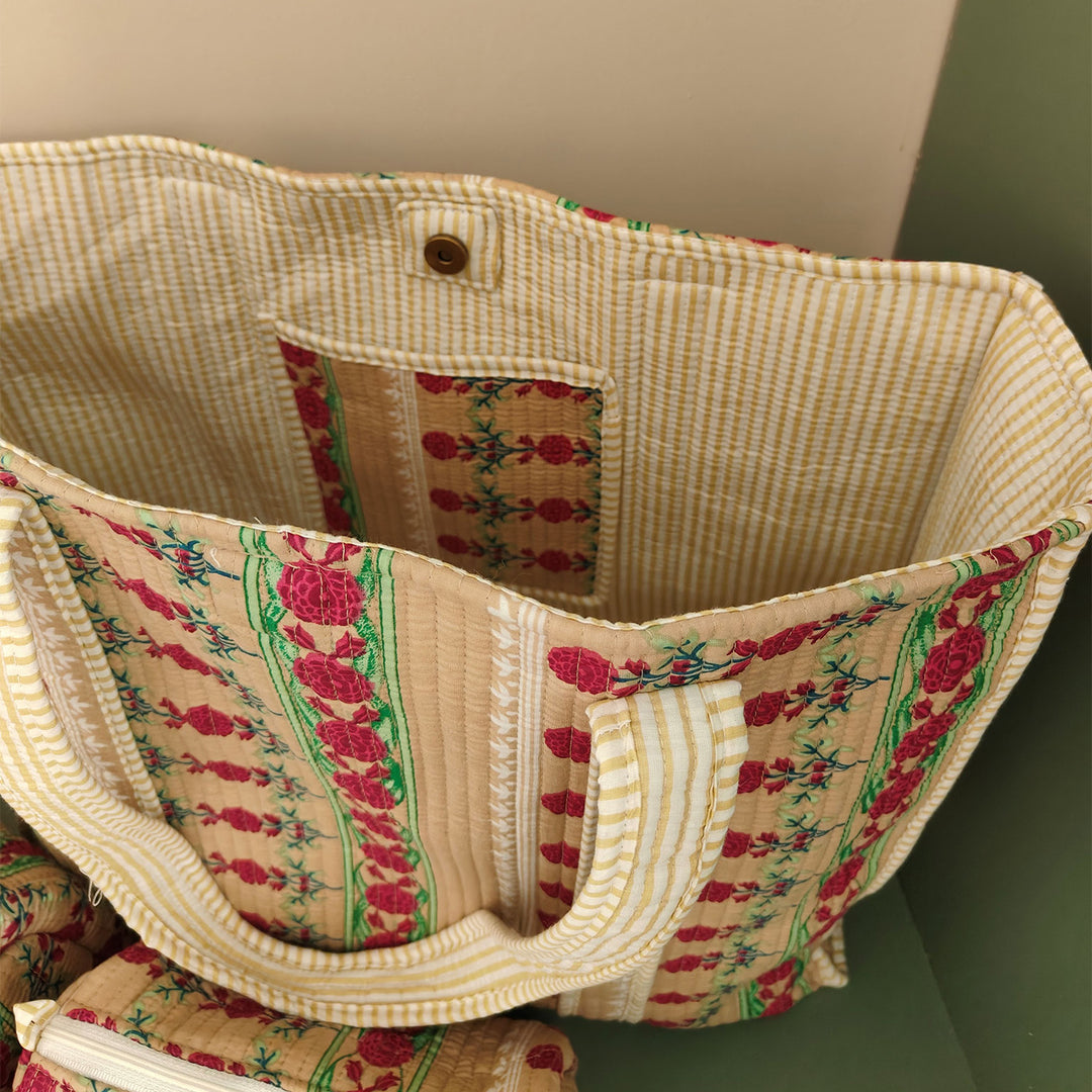Handmade Beige Indie Floral Cotton Tote Bag