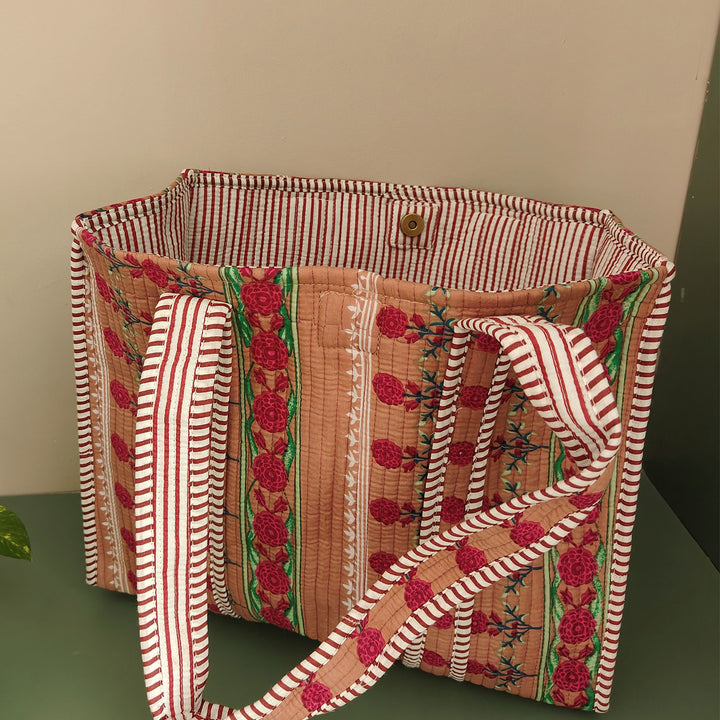 Handmade Pink Indie Floral Cotton Tote Bag