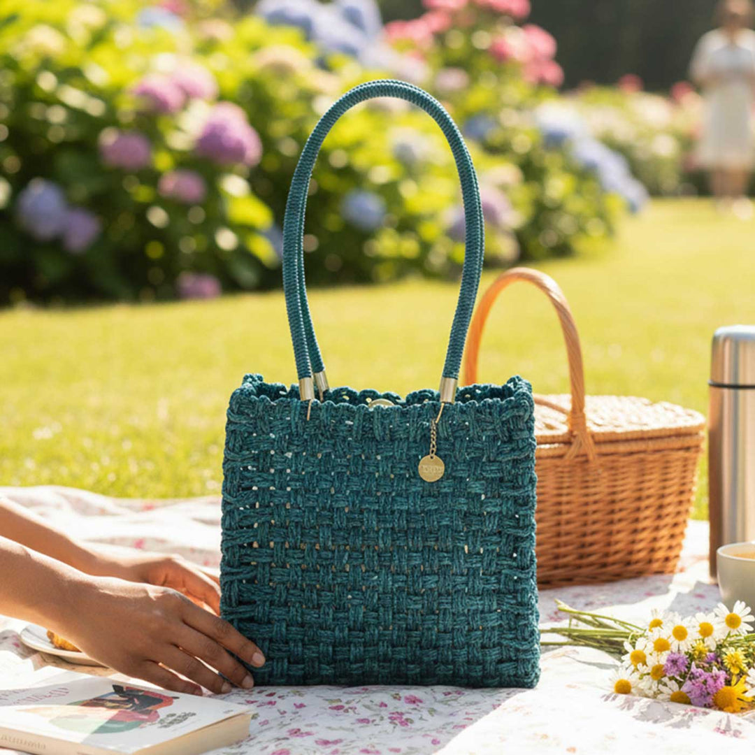 Handmade Grass Woven Vegan Wrapped Rope Handles With Metal Accents Indigo Sabai Mesh Handbag