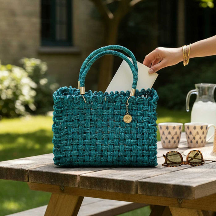 Handmade Grass Woven Vegan Wrapped Rope Handles With Metal Accents Indigo Sabai Mesh Handbag