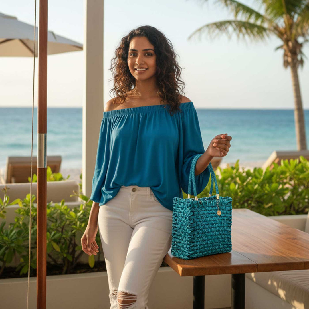 Handmade Grass Woven Vegan Wrapped Rope Handles With Metal Accents Indigo Sabai Mesh Handbag