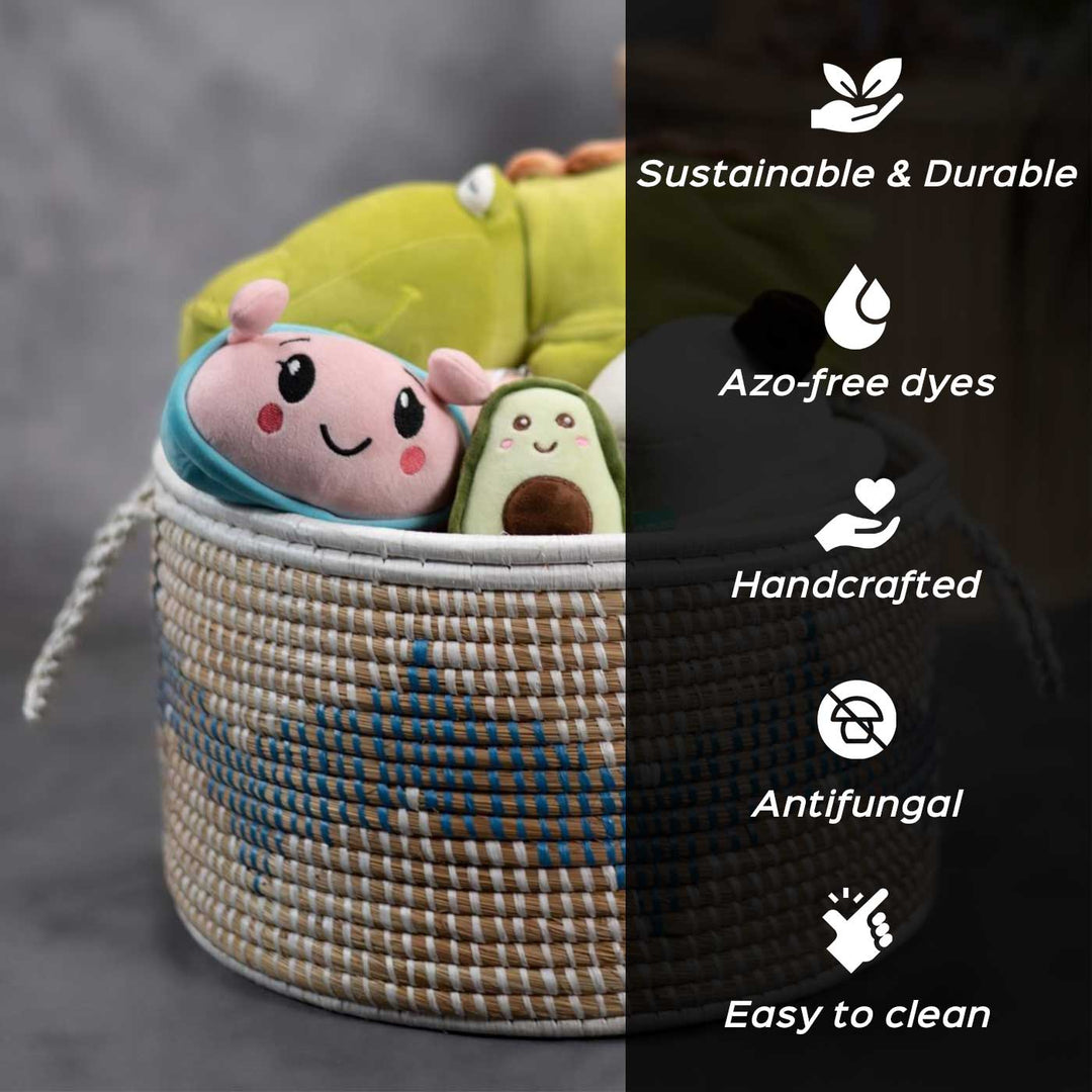 Handmade Ecofriendly Grass Woven White Base Moonj Storage Basket