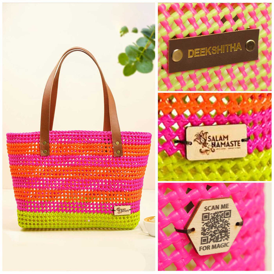 Pink With Green Bottom Mukhya Knot Handmade Koodai Beach Bag