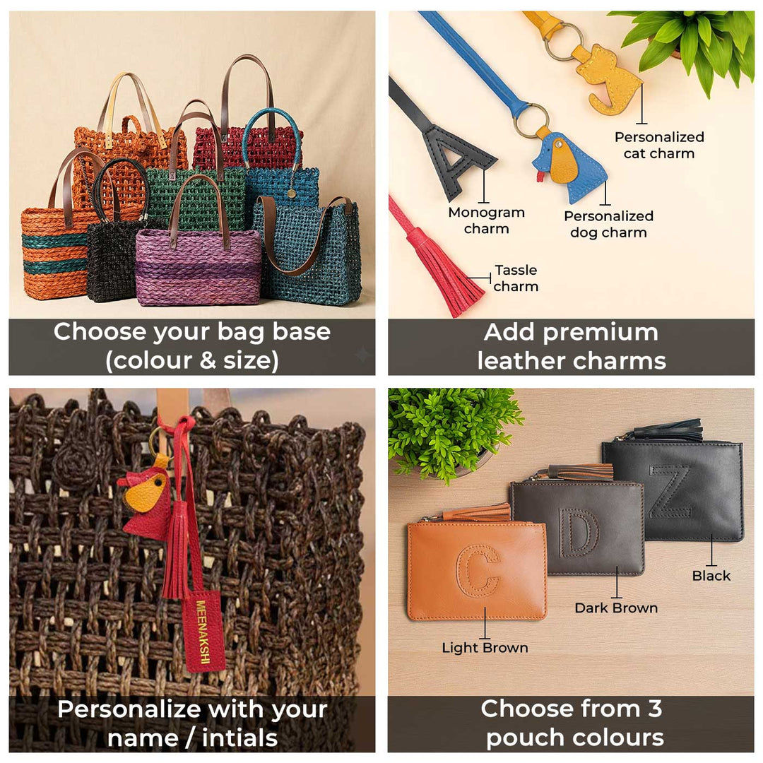 Handmade Grass Woven Boxed Metal Chain Strap Blue Sabai Mesh Sling Bag