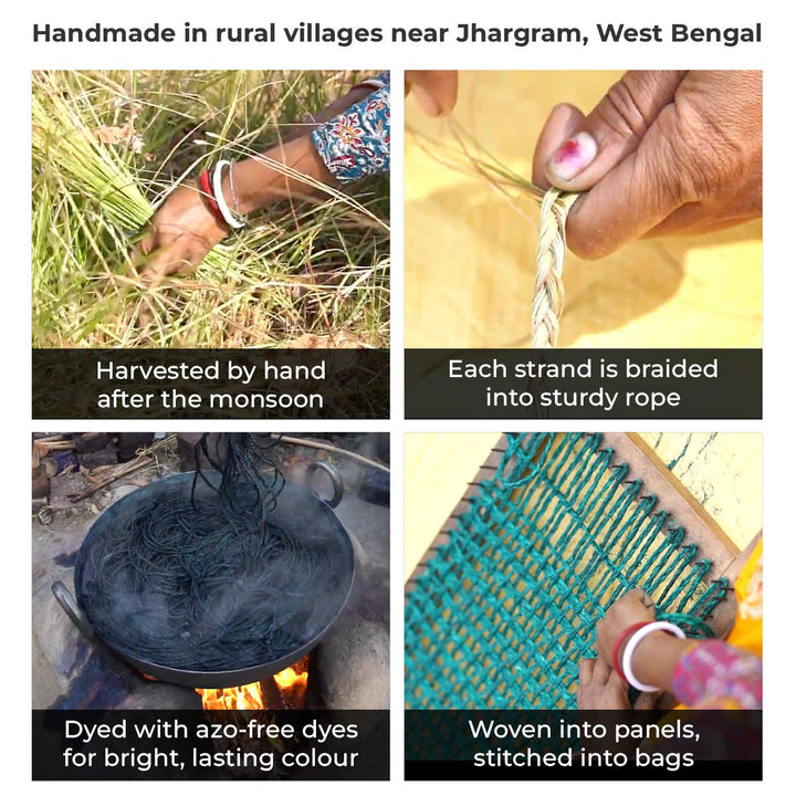 Handmade Grass Woven Three Colored Strips Sabai Mesh Handbag