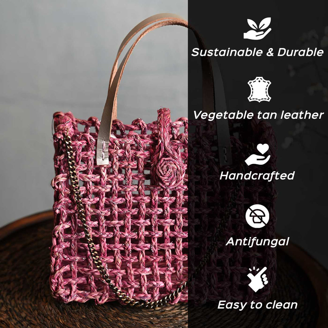 Handmade Grass Woven Boxed Metal Chain Strap Sabai Mesh Sling Bag