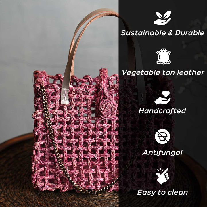 Handmade Grass Woven Boxed Metal Chain Strap Sabai Mesh Sling Bag