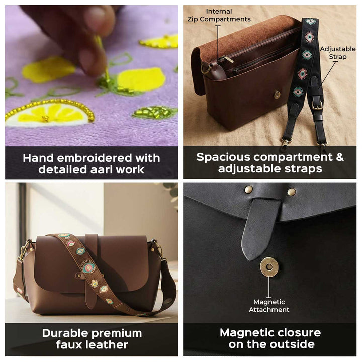 Handmade Solid Color Faux Leather Sling Bag With Changeable Premium Straps