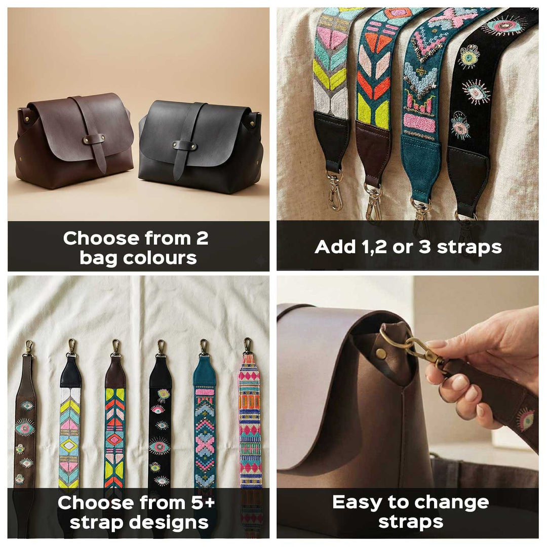 Handmade Solid Color Faux Leather Sling Bag With Changeable Premium Straps